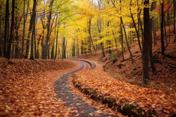 crunchy autumn leaves covering a winding path in a forest - obrazy, fototapety, plakaty