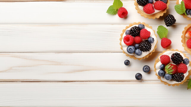 Tartlets with different fresh blue berries on light wooden table space for text background 16-9