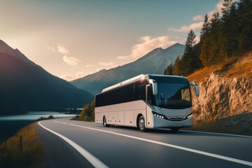 Touristic coach bus on highway road intercity regional domestic transportation driving urban modern tour traveling travel journey ride moving transport concept public comfortable passengers shuttle - 670454385