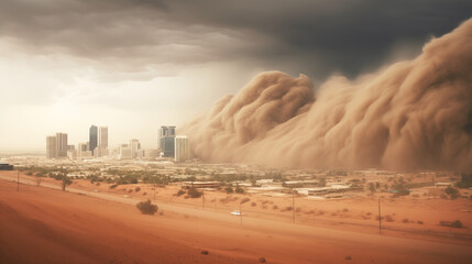 Haboob dust storm over city. Sand storm in desert of high altitude with cumulonimbus rain clouds.