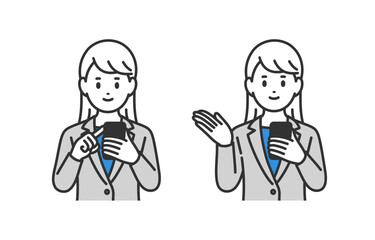 スマホを見る･案内のポーズをするビジネスパーソン女性のセット【人物ベクターイラスト素材】