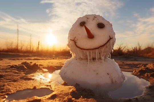 a snowman melting under the sun