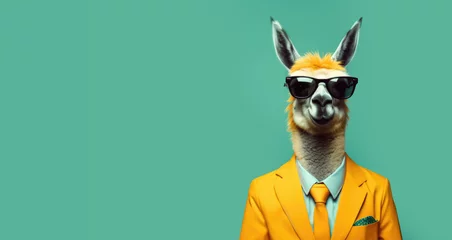 Tuinposter Cool looking llama in stylish jacket and tie on yellow background, banner with space for your text stylish animal © Alina Zavhorodnii