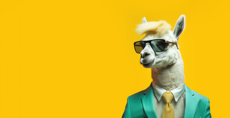 Cool looking llama in stylish jacket and tie on yellow background, banner with space for your text stylish animal