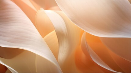 Extreme close-up of delicate flower petals, gentle apricot hues and muted forest greens, in the style of botanical photography, 