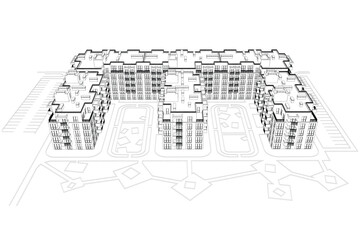 Vector architectural project of a multistory building, aerial view