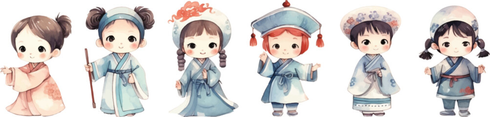 Set of illustrations of cartoon children wearing retro Chinese clothing, cute children drawn in watercolor style on white background.