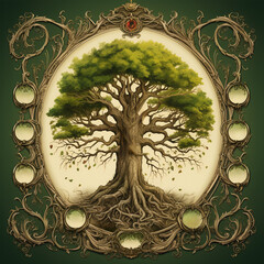 Family symbol, family tree with photo frames, genetic tree with photo frames, tree of life, on a dark background, 3D