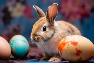Fototapeta na wymiar adorable rabbit with painted egg, vibrant backdrop. Generative AI