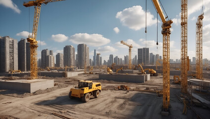 cranes on the construction site of tall buildings