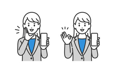スマホを持ちながら呼びかけ･OKポーズをするビジネスパーソン女性のセット【人物ベクターイラスト素材】