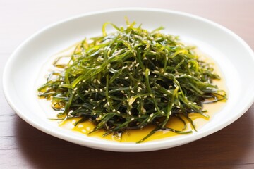 Fototapeta na wymiar brown seaweed salad with soy sauce dressing on a white plate