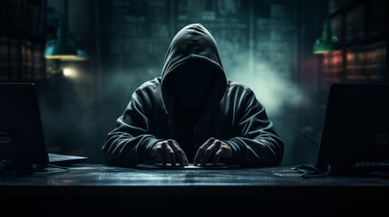  hacker in a black hood, face not visible. hacks the database. several screen. dark gloomy atmosphere