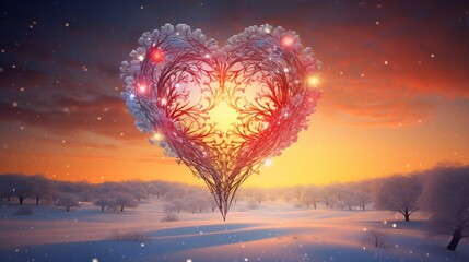 A heart made of snowflakes, suspended in mid-air against a soft sunset, creating a spectrum of colors.