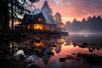  Lakeside cabin house at sunrise with mist rising from the water, Generative AI