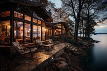 Fototapeta na wymiar Lakeside cabin house with a stunning view of the water, Generative AI