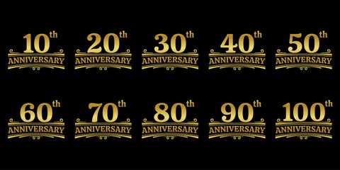 Anniversary logo, icon or badge set. 10, 20, 30, 40, 50, 60, 70, 80, 90 years. Birthday celebration, jubilee, wedding, invitation card design element. Vector illustration. 