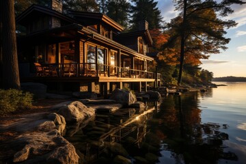 Fototapeta premium Lakeside cabin house with a stunning view of the water, Generative AI