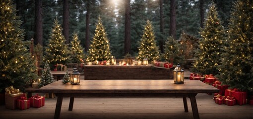 a wooden table that is empty with a background of Christmas trees. ready for montage of the product display 
