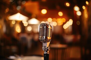Vintage echoes. Retro microphone set musical entertainment. Classic vibes on stage capturing sound. Stage spotlight. Classic chrome nostalgic musical performance