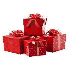 Fototapeta premium Red Christmas gift boxes with gold ribbon on transparent background. AI Generative