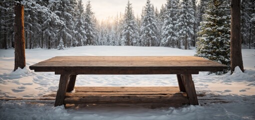 a wooden table that is empty with a background of Christmas trees. ready for montage of the product display 