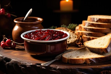 bowl of homemade cranberry jam near bread