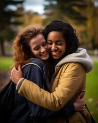 Reunion: happy friend hugging in the park. Family, friendship, relationship.