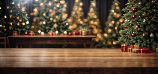 a wooden table that is empty with a background of Christmas trees. ready for montage of the product display 