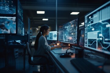 Modern Electronics Development Facility: engineer works on computer with CAD programming software at night