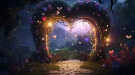 A heart-shaped door with tiny fairy lights around its frame, leading to a magical night garden with glowing plants.