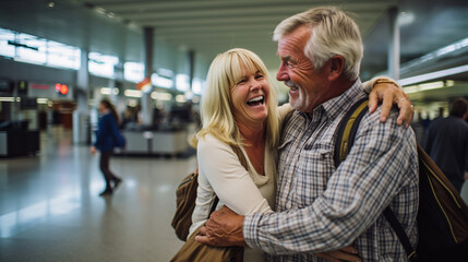 Happy middle aged couple reuniting on the airport.