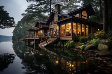 Fototapeta na wymiar Cabin house on a serene lake, reflecting the beauty of the surroundings, Generative AI