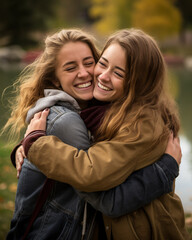 Obraz premium Reunion: happy friend hugging in the park. Family, friendship, relationship.