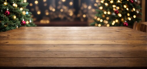 Fototapeta na wymiar a wooden table that is empty with a background of Christmas trees. ready for montage of the product display 