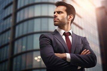 a business man with his arms crossed looking at buildings stock photo generative ai