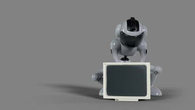 the zombie robot is looking for something useful in an old computer monitor