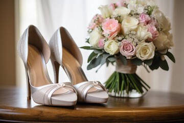a pair of wedding shoes next to a floral bouquet