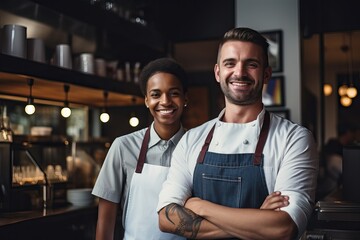 Two small business owners standing together in cafe smiling at camera