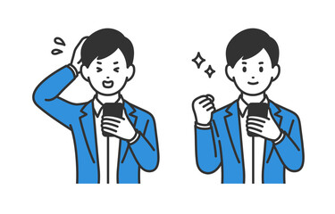 スマホを見て焦る･ガッツポーズをするビジネスパーソン男性のセット【人物ベクターイラスト素材】