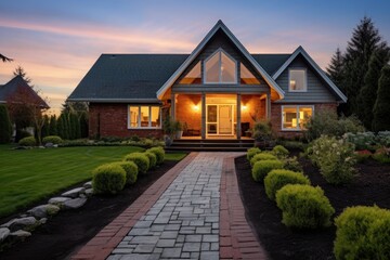 farmhouse with a brick walkway leading to a gabled entry - obrazy, fototapety, plakaty