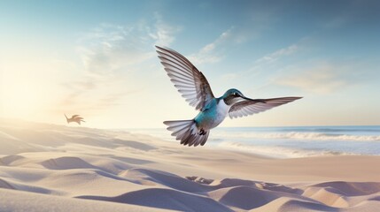 A hummingbird hovering in a dance over the beach, its wings a blur, with dunes in the distance.