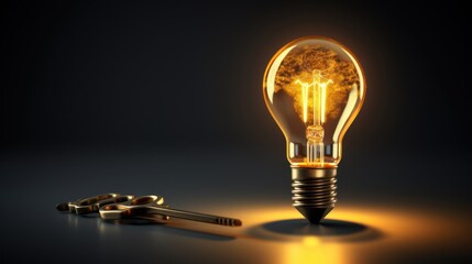 Key to Success A small golden key inside a light bulb - obrazy, fototapety, plakaty