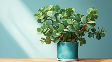 A jade plant, its leaves plump and healthy, nestled inside a teal pot.