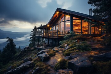 Obraz premium Remote cabin house perched on a hillside, offering solitude and breathtaking views, Generative AI