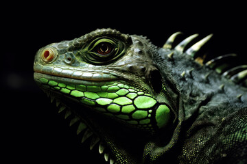 Obraz premium Picture of an iguana with light shining on its body, making it stand out beautifully in a dark background.