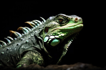 Fototapeta premium Picture of an iguana with light shining on its body, making it stand out beautifully in a dark background.