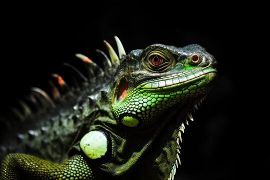 Picture of an iguana with light shining on its body, making it stand out beautifully in a dark background.
