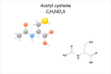 Acetyl cysteine. Stylized molecule model and structural formula. Medical use.