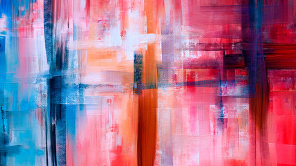 Magenta abstract painting on canvas, with accents of blue paint, hand-drawn artwork in a modern style. Contemporary art